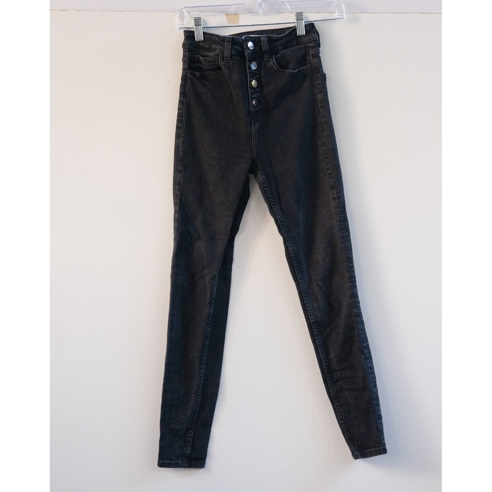 ZARA WOMAN Premium Denim Black High Rise Exposed Button Fly Skinny Jeans US Sz 2